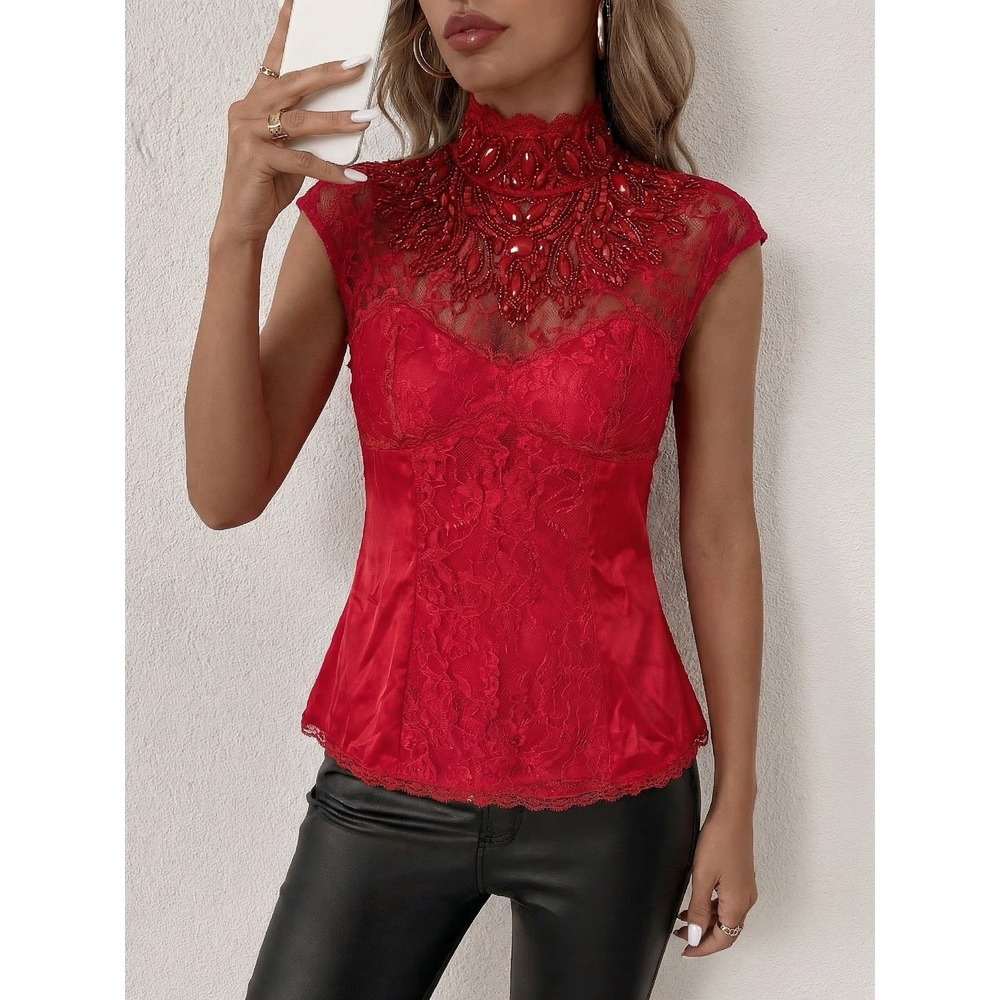 Y2K Bebe Silk Satin Lace Rhinestone Embellished Corset Regency Goth sz XS Red